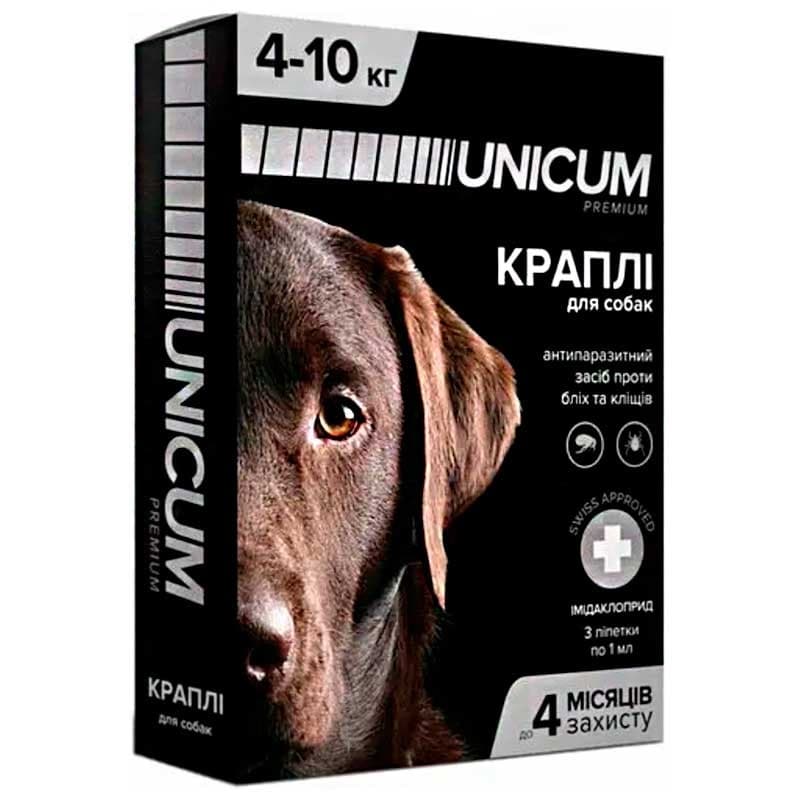 Краплі UNICUM premium 4-10 кг від бліх та кліщів на холку для собак, 3 піпетки по 1 мл