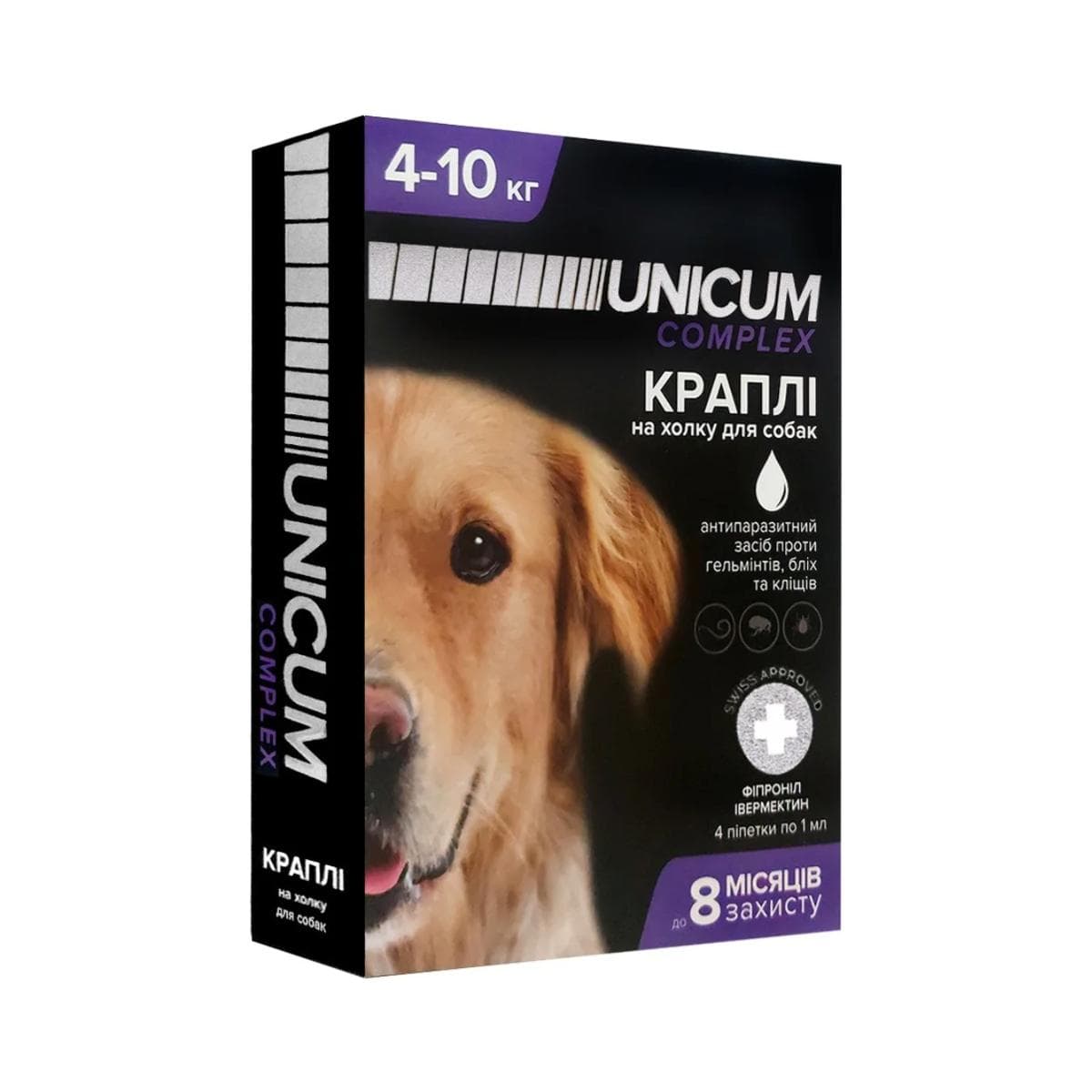 Краплі UNICUM complex 4-10 кг від бліх, кліщів та гельмінтів на холку для собак, 4 піпетки по 1 мл