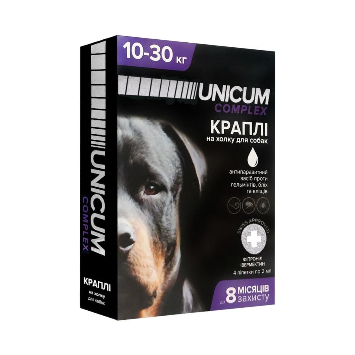 Краплі UNICUM complex 10-30 кг від бліх, кліщів та гельмінтів на холку для собак, 4 піпетки по 2 мл
