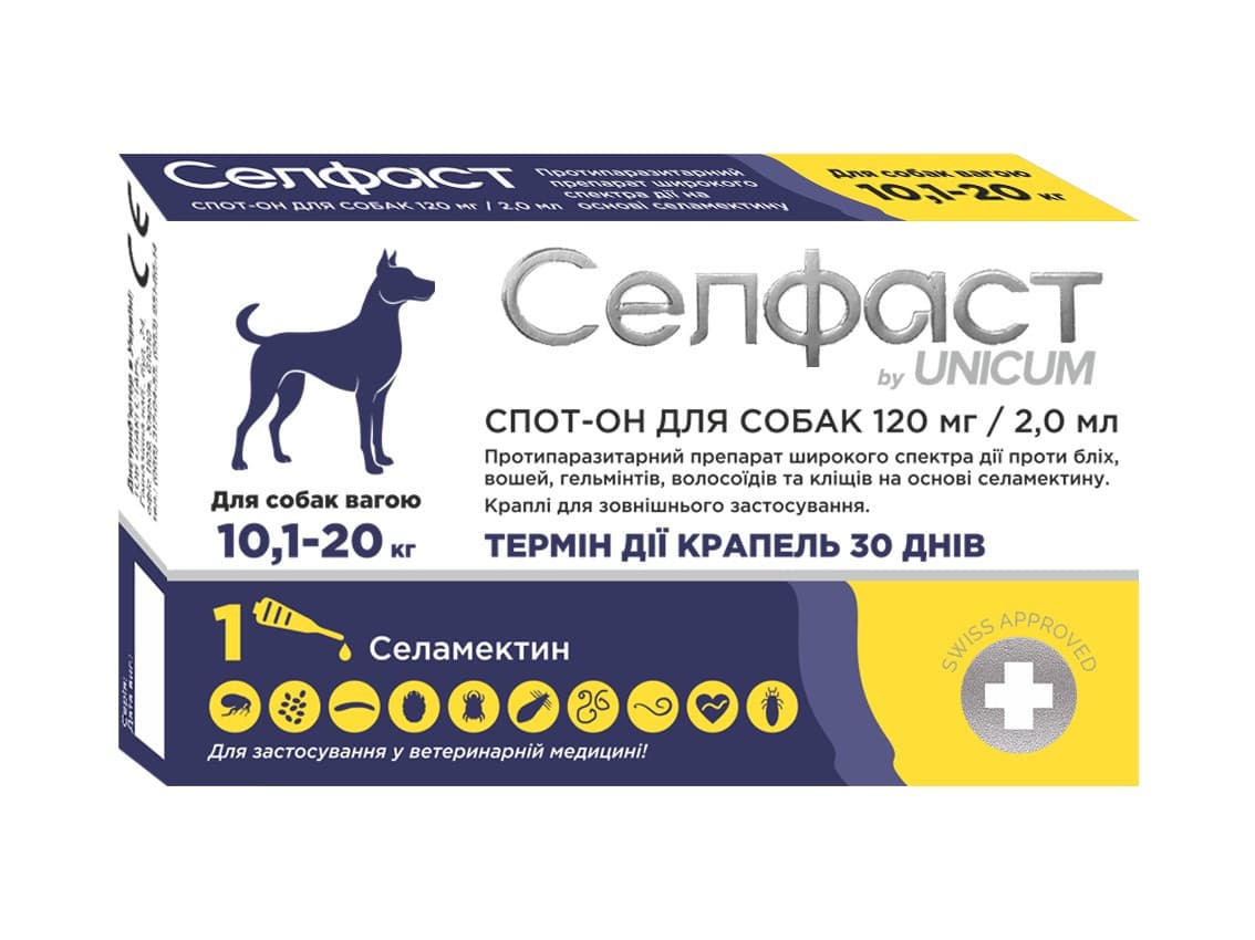 Краплі Селфаст UNICUM 10,1-20 кг від бліх, кліщів та гельмінтів на холку для cобак, 1 піпетка