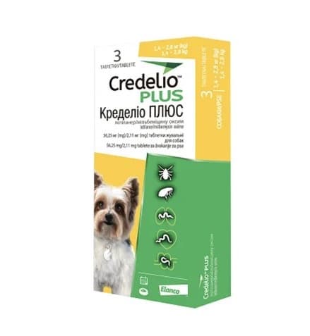 Таблетки жувальні Elanco Credelio PLUS Кределіо ПЛЮС 1,4 -2,8 кг від паразитів для собак, 3 таблетки