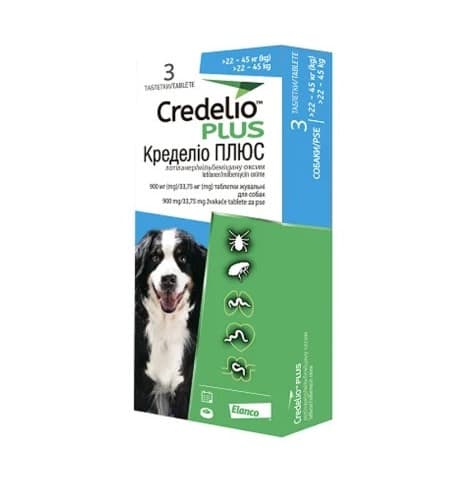 Таблетки жувальні Elanco Credelio PLUS Кределіо ПЛЮС 22-45 кг від паразитів для собак, 3 таблетки