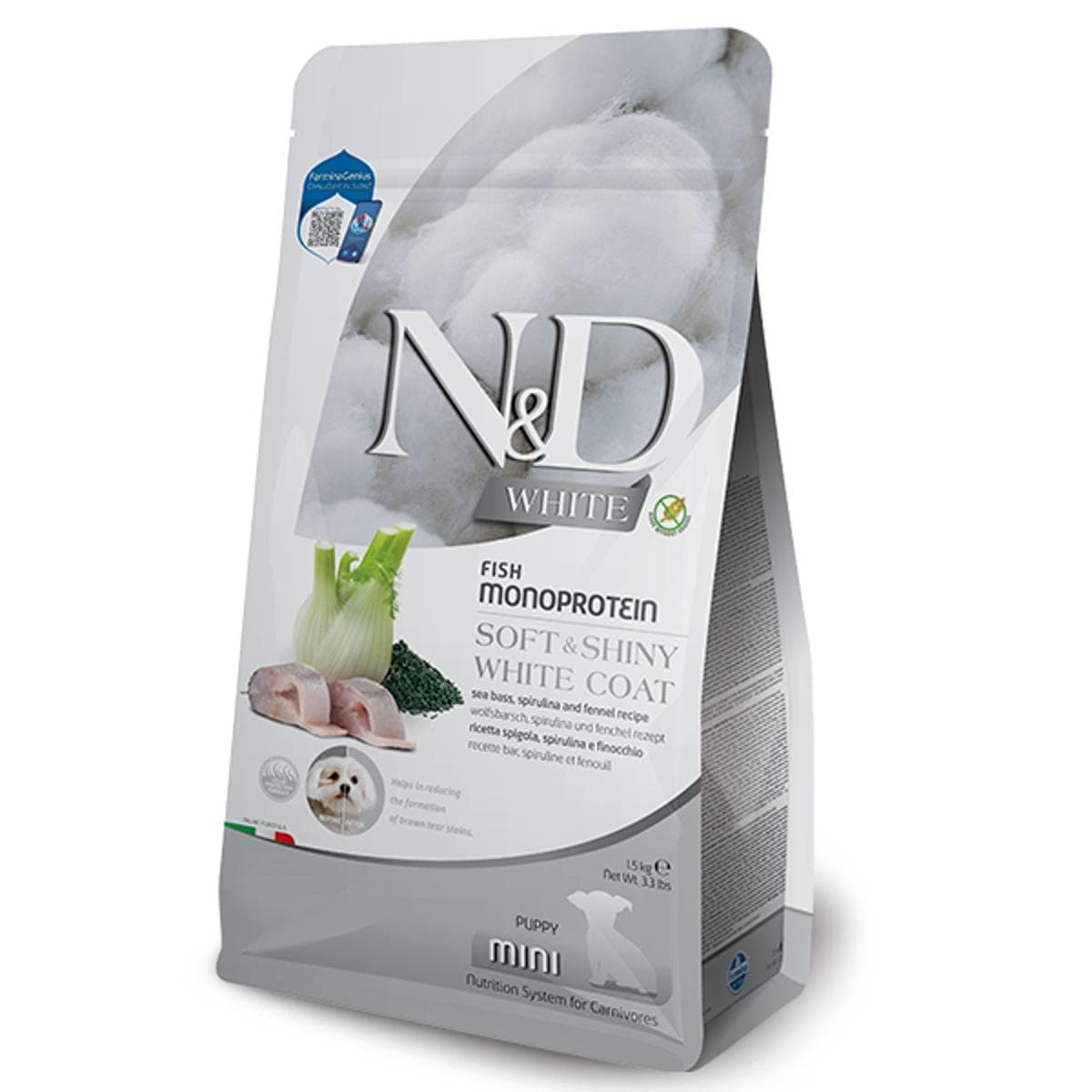 Сухий корм Farmina N&D Grain Free WHITE COAT Fish Monoprotein PUPPY MINI з сібас для дрібних порід цуценят з білою шерстю