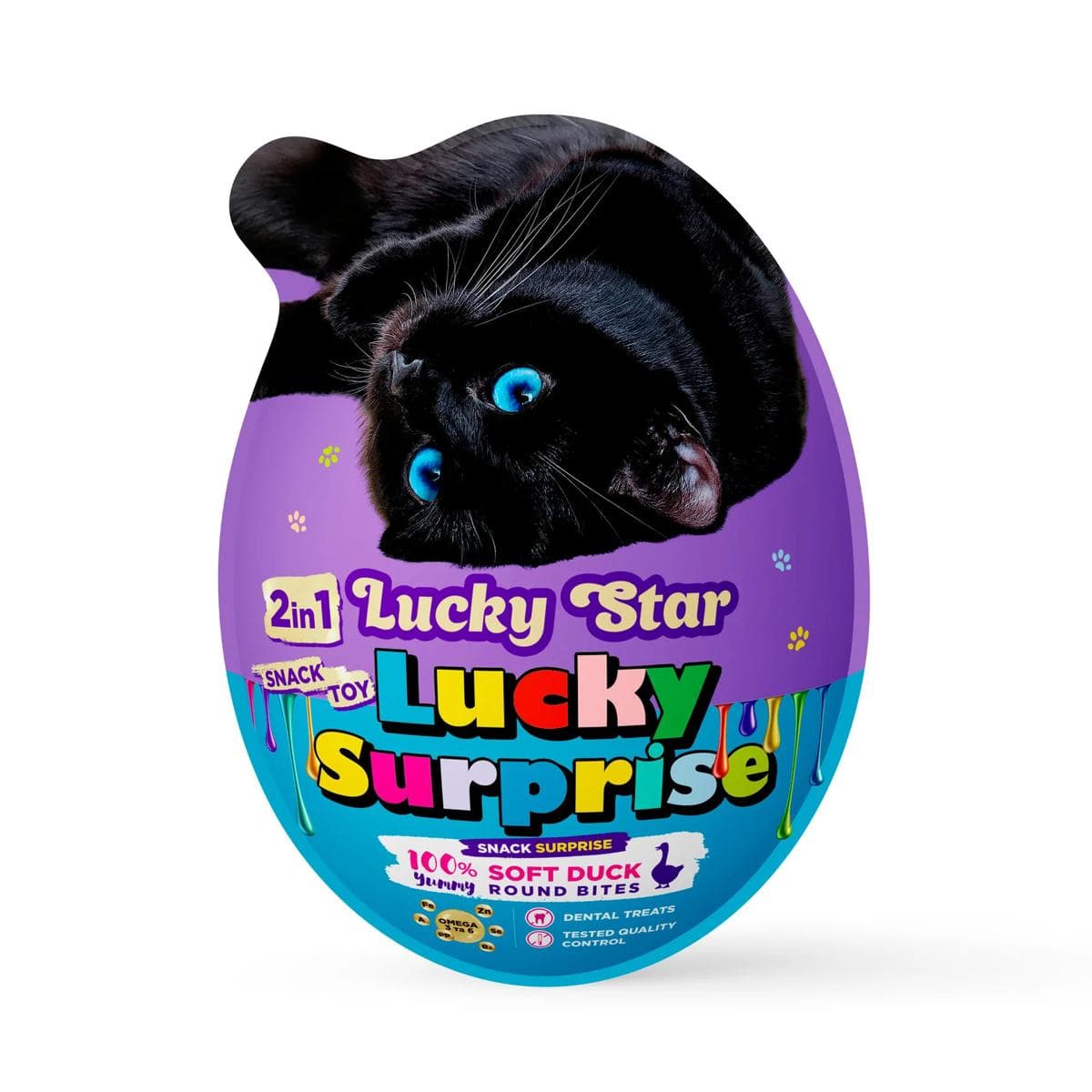 Яйце-сюрприз Lucky Star з іграшкою та ласощами шматочками вʼяленого качиного мʼяса для котів