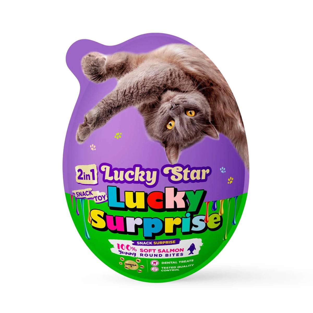 Яйце-сюрприз Lucky Star з іграшкою та ласощами шматочками вʼяленого лосося для котів