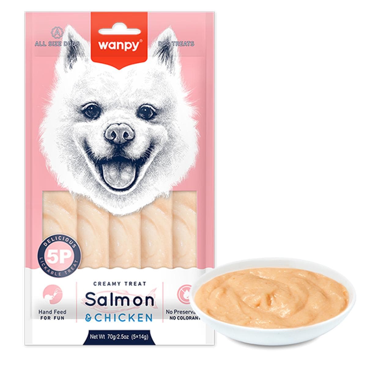 Кремові ласощі Wanpy Creamy з куркою та лососем для собак, 14х5 шт