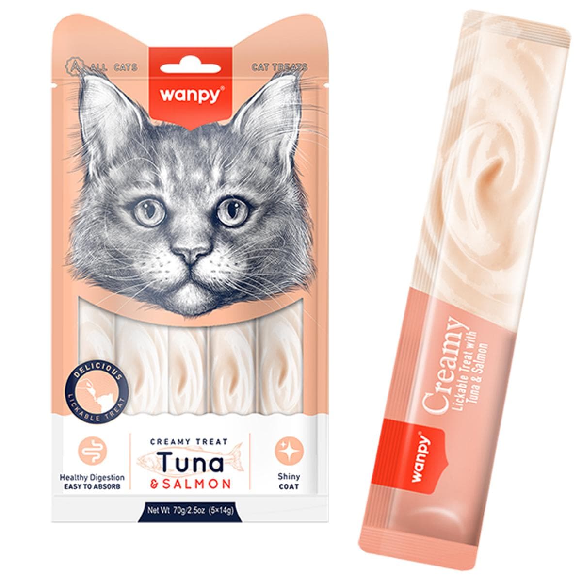 Кремові ласощі Wanpy Creamy з тунцем та лососем для котів, 14х5 шт