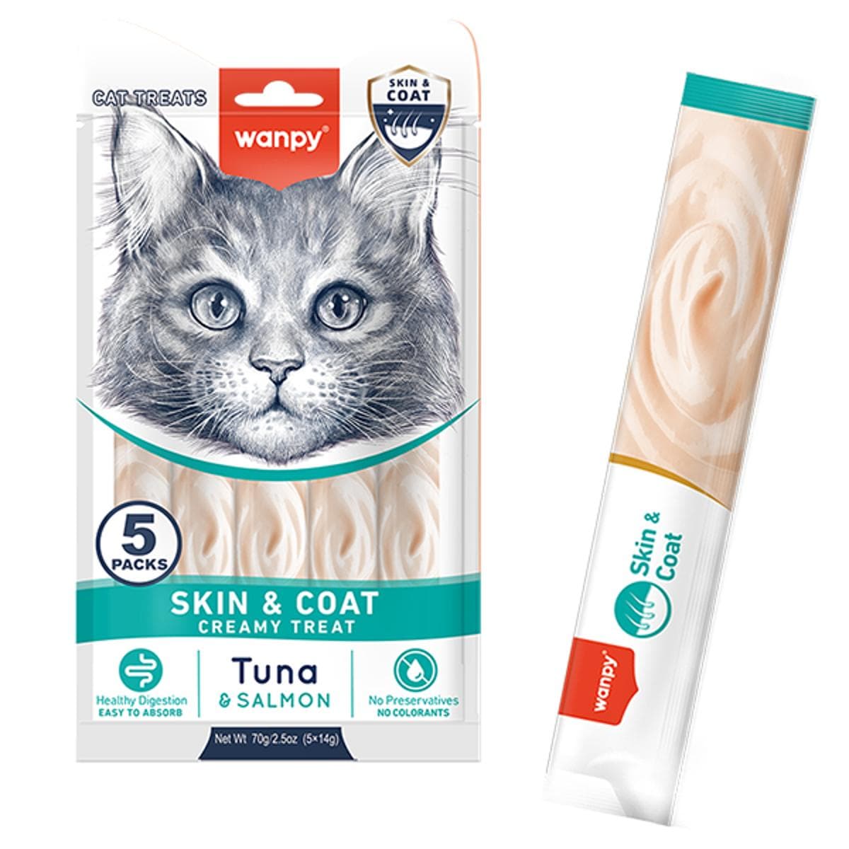 Кремові ласощі Wanpy Creamy з тунцем та лососем для шкіри та шерсті котів, 14х5 шт