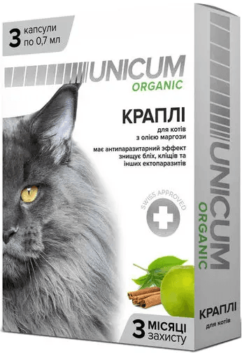 Краплі UNICUM organic з олією маргози від бліх та кліщів на холку для котів, 3 капсули по 0