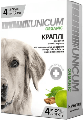 Краплі UNICUM organic з олією маргози від бліх та кліщів на холку для собак, 4 капсули по 0