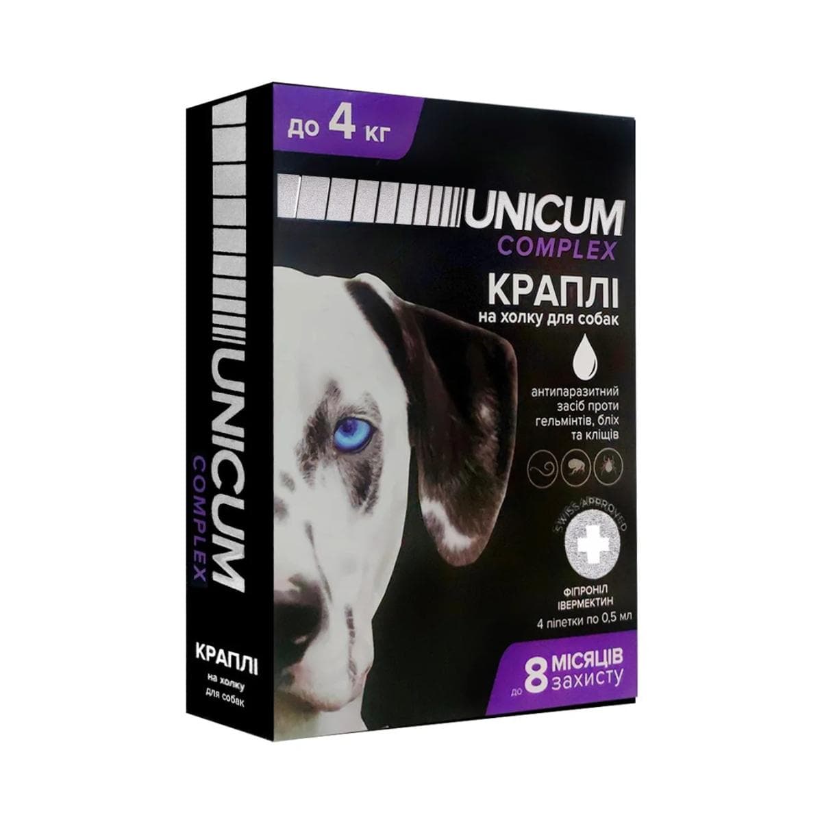 Краплі UNICUM complex до 4 кг від бліх, кліщів та гельмінтів на холку для собак, 4 піпетки по 0
