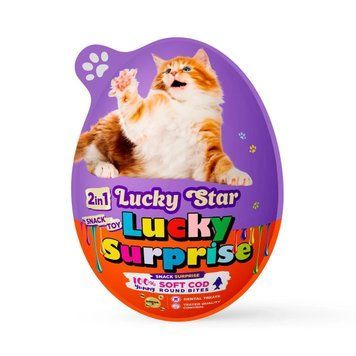 Яйце-сюрприз Lucky Star з іграшкою та ласощами шматочками вʼяленої тріски для котів 3336 фото