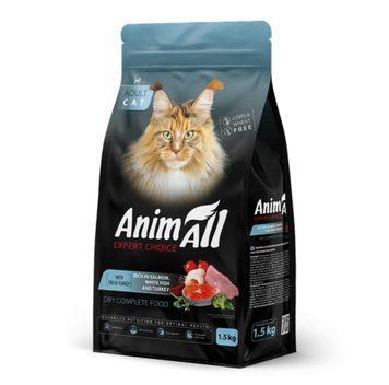 Сухий корм AnimAll Супер Преміум з лососем, білою рибою та індичкою для дорослих котів, 1,5 кг 2993 фото