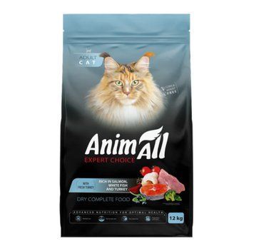 Сухий корм AnimAll Супер Преміум з лососем, білою рибою та індичкою для дорослих котів, 12 кг 2994 фото