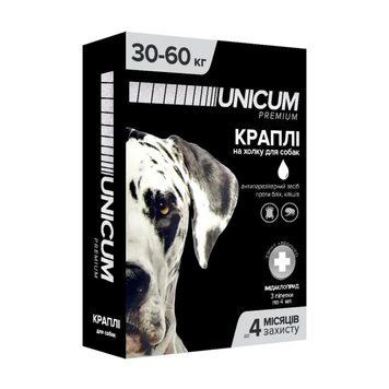Капли UNICUM premium 30-60 кг от блох и клещей на холку для собак, 3 пипетки по 4 мл 2685 фото