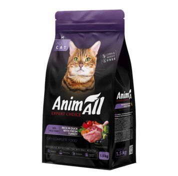 Сухой корм AnimAll Супер Премиум с уткой и индейкой для взрослых котов, 1.5 кг 2996 фото