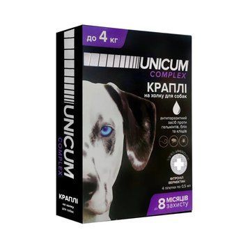 Капли UNICUM complex до 4 кг от блох, клещей и гельминтов на холку для собак, 4 пипетки по 0,5 мл 2729 фото