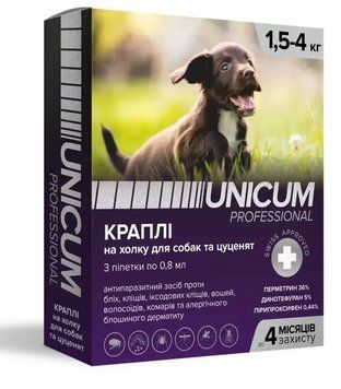 Капли UNICUM Pro 1,5-4 кг от блох, вшей, комаров и клещей на холку для собак, 3 пипетки по 0.8 мл 2704 фото
