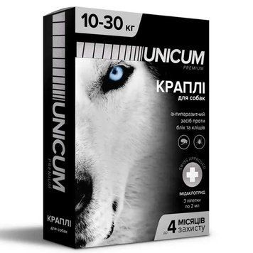 Капли UNICUM premium 10-30 кг от блох и клещей на холку для собак, 3 пипетки по 2 мл 2734 фото