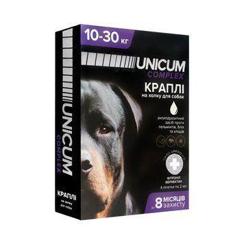 Капли UNICUM complex 10-30 кг от блох, клещей и гельминтов на холку для собак, 4 пипетки по 2 мл 2727 фото