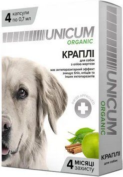 Капли UNICUM organic с маслом маргозы от блох и клещей на холку для собак, 4 капсулы по 0,7 мл 2732 фото