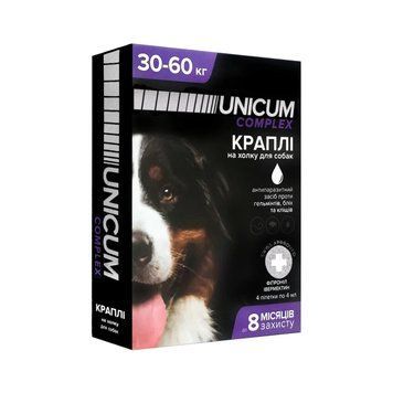 Капли UNICUM complex 30-60 кг от блох, клещей и гельминтов на холку для собак, 3 пипетки по 4 мл 2726 фото